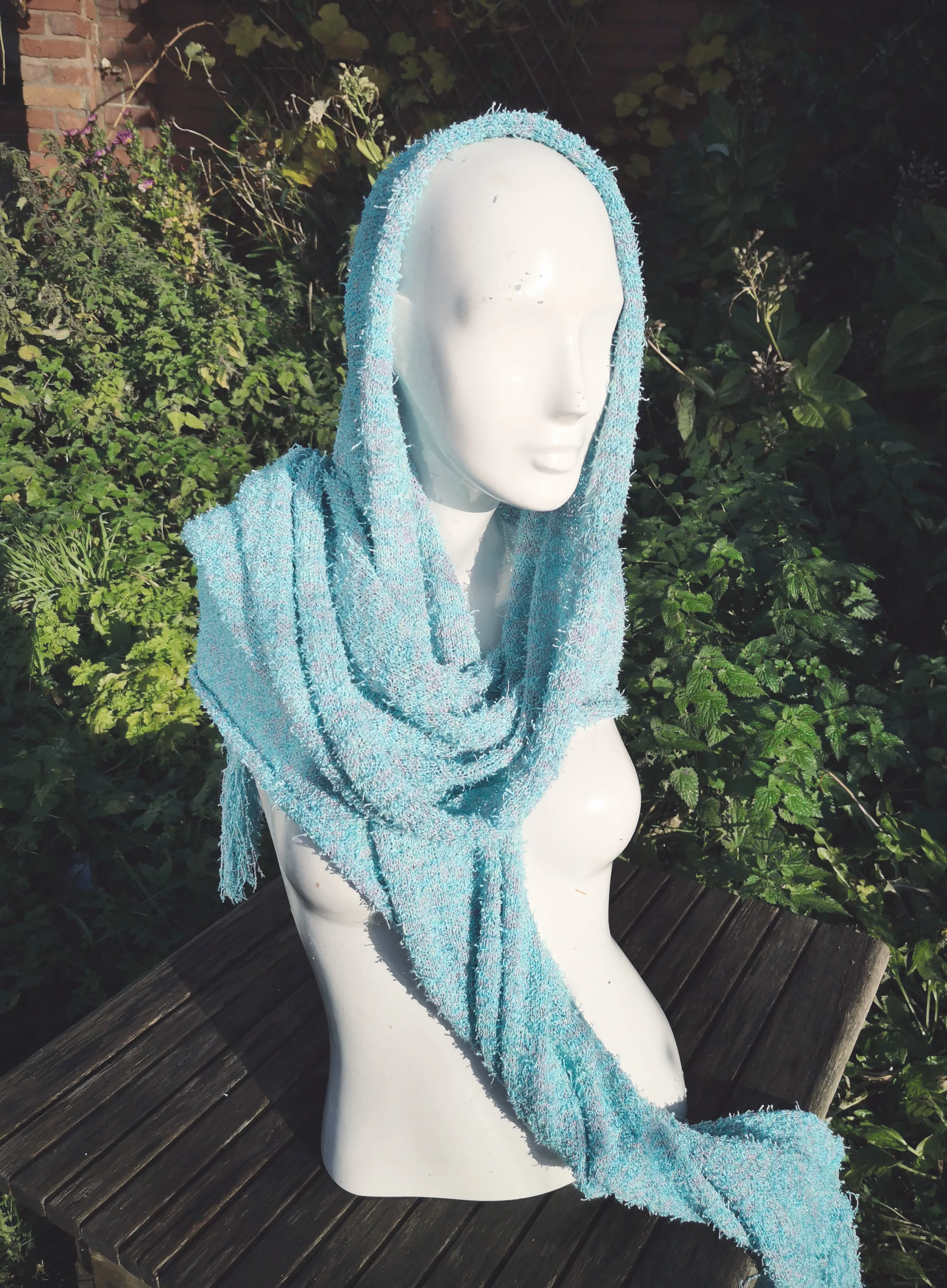 Pashmina, shawl/ soft scarf  in a turquoise boucle yarn with yarn fringe,